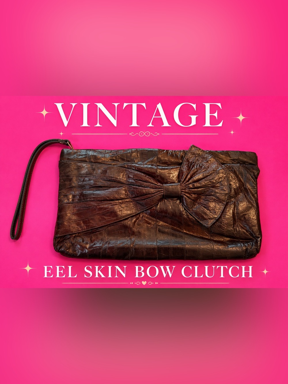 Vintage Eel Skin Leather Bow Clutch Brown Wristlet Purse 80s